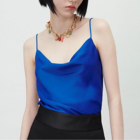 Zara Tops Zara Cobalt Blue Satin Effect Draped Bodysuit Poshmark